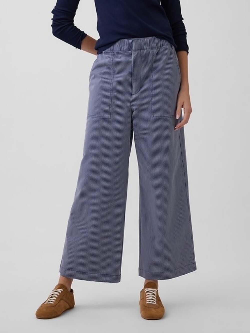 GAP High Rise Wide-Leg Cotton Blend Khakis Pants Blue & White Stripe Sz M Petite